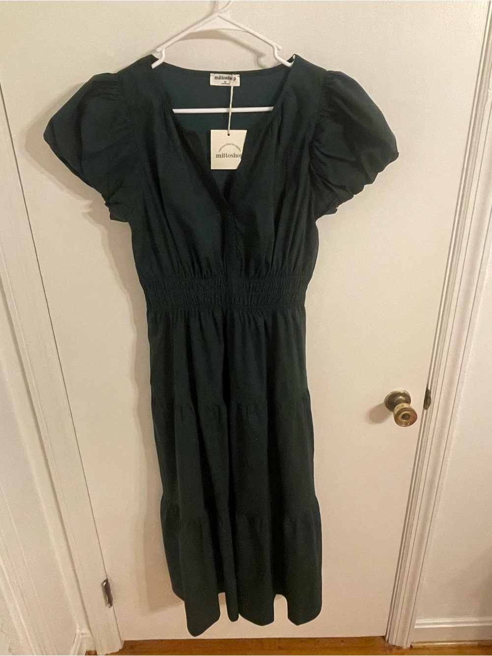 mittoshop Dark Green Midi Dress with Puff Sleeves